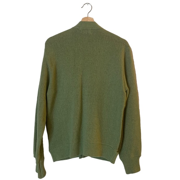 Vintage 1960s Wool Knitted Suede Front Geo Mod Cardigan Sweater Green Medium - Picture 6 of 9
